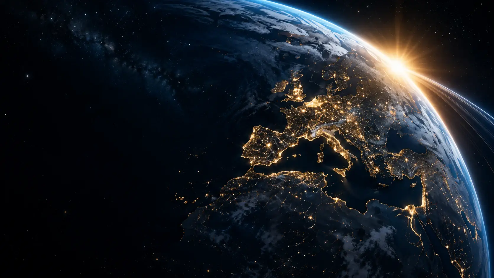 Earth at night, with Europe illuminated and a golden sunrise on the horizon